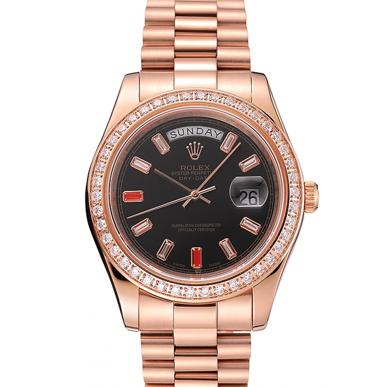 Aaa replica watch Gold And 1454102 Rose Bracelet Swiss Black Rubies Dial Day-Date Diamonds Rolex 0616